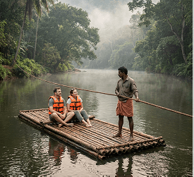 Bamboo rafting on mist-covered river stretches